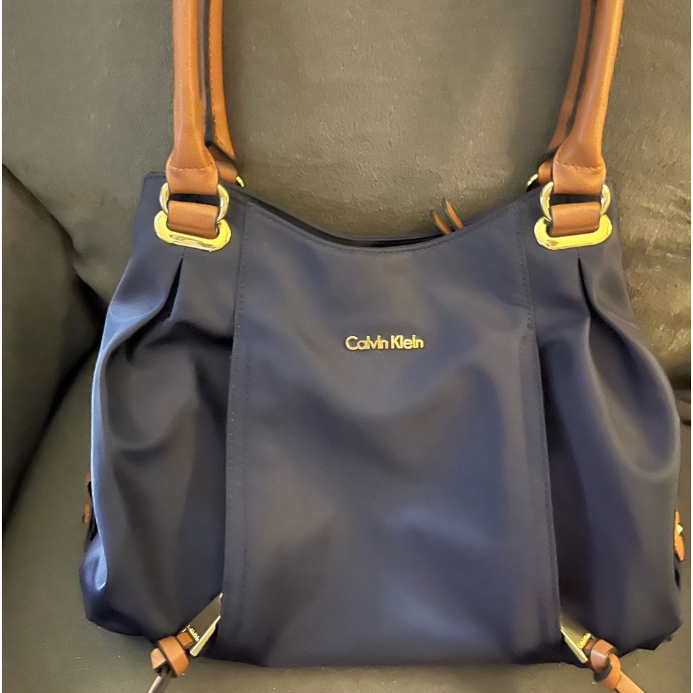 Calvin Klein Blue and Brown Tote with Gold Accents